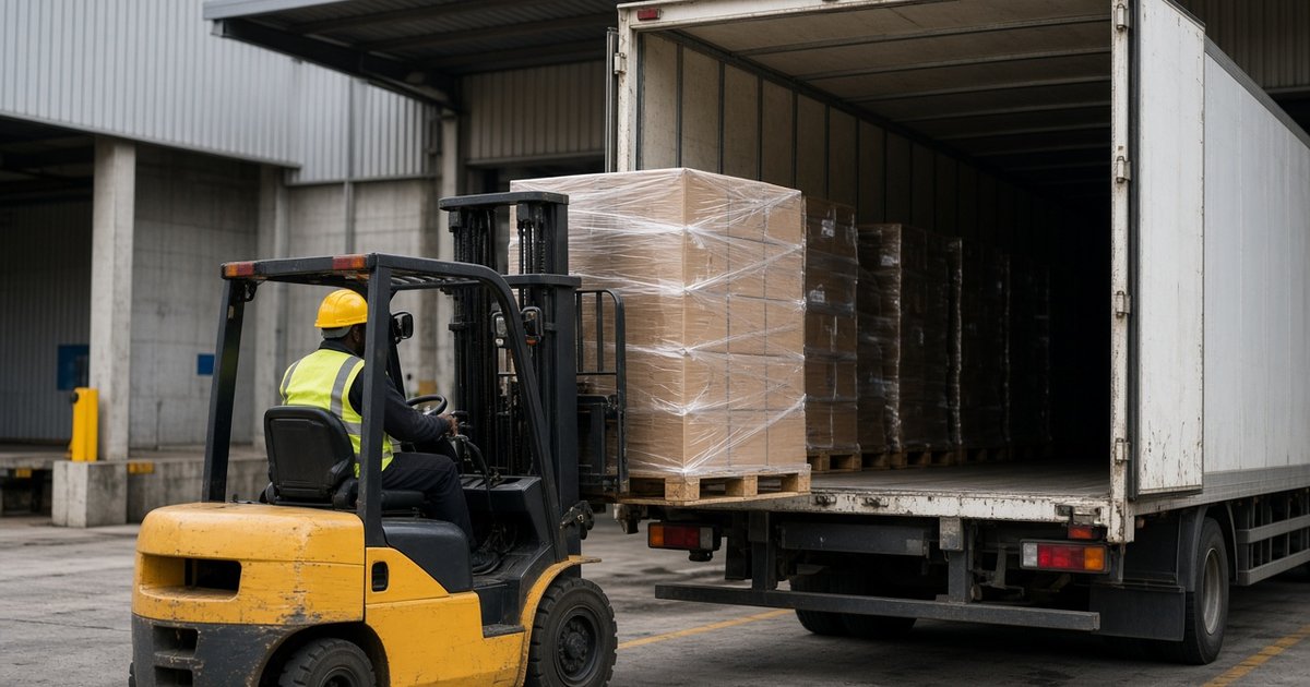 Forklift loading pallets of freight into a truck at a warehouse