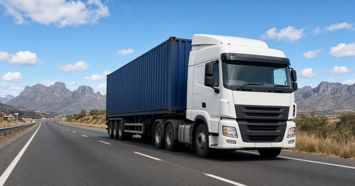 Truck hauling a shipping container on a South African highway