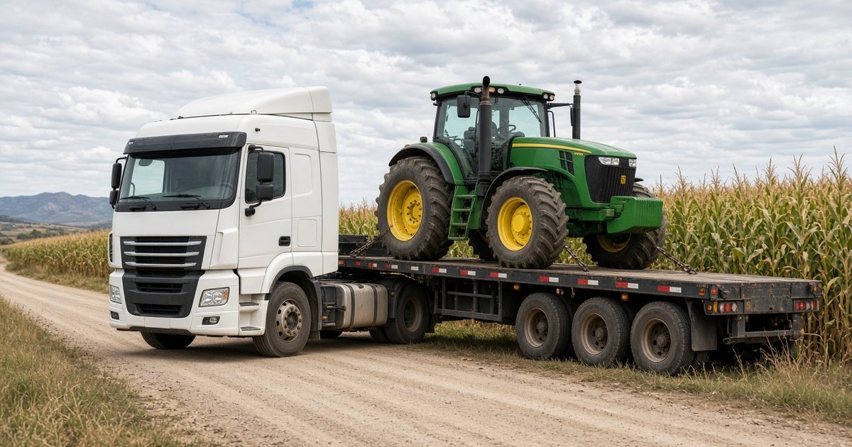 Truck carrying a tractor on a lowbed trailer past farmland in South Africa